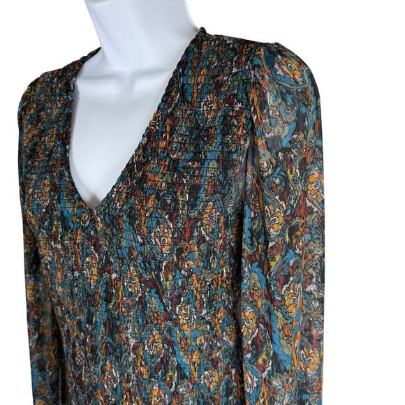 Evereve Top Womens Small Blue Floral Kate Smocked Mesh Sleeve Whimsigoth Fairy - Picture 7 of 10